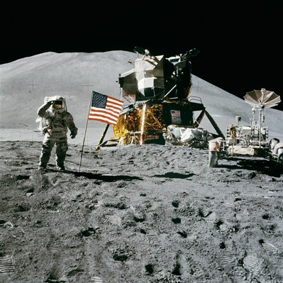Apollo 15 astronaut Jim Irwin salutes the US flag during his final moonwalk. (Image: NASA/Public domain)